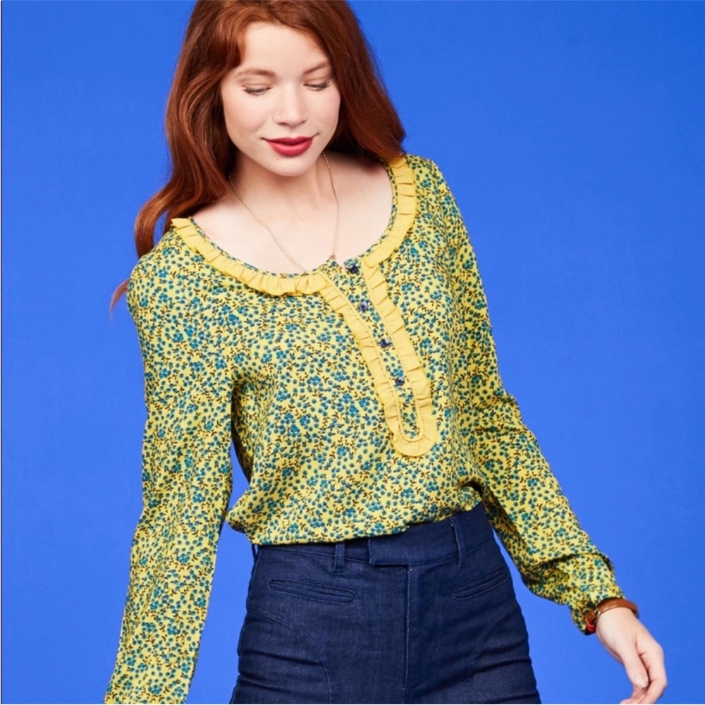 Modcloth Yellow & Blue Floral Button-Up Ruffle Collar Long Sleeve Whimsy Blouse